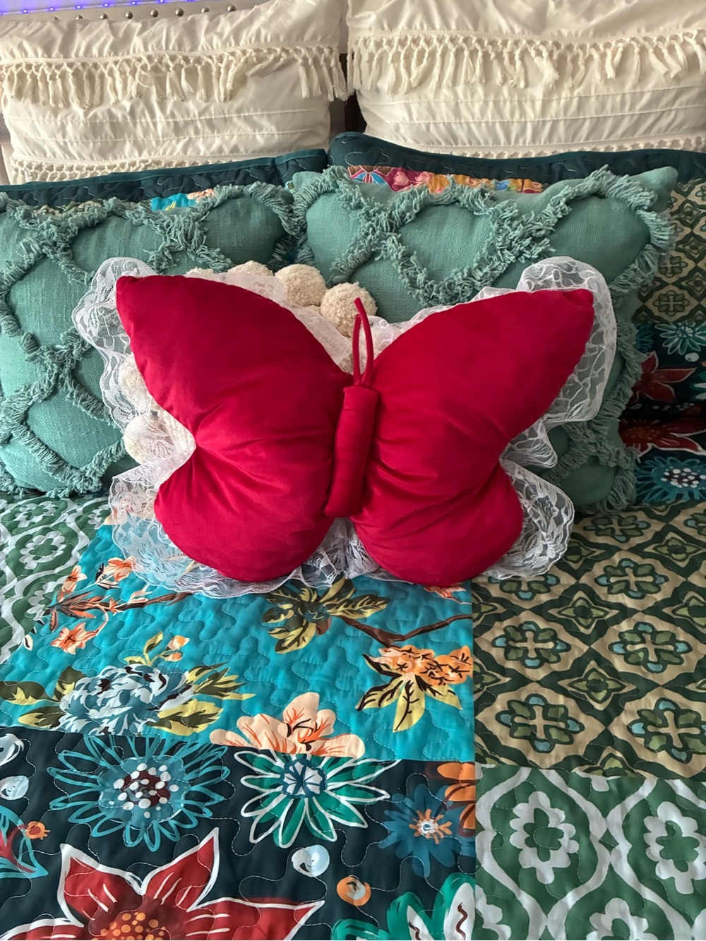 Hot Pink Butterfly Decorative Pillow with Lace Trim